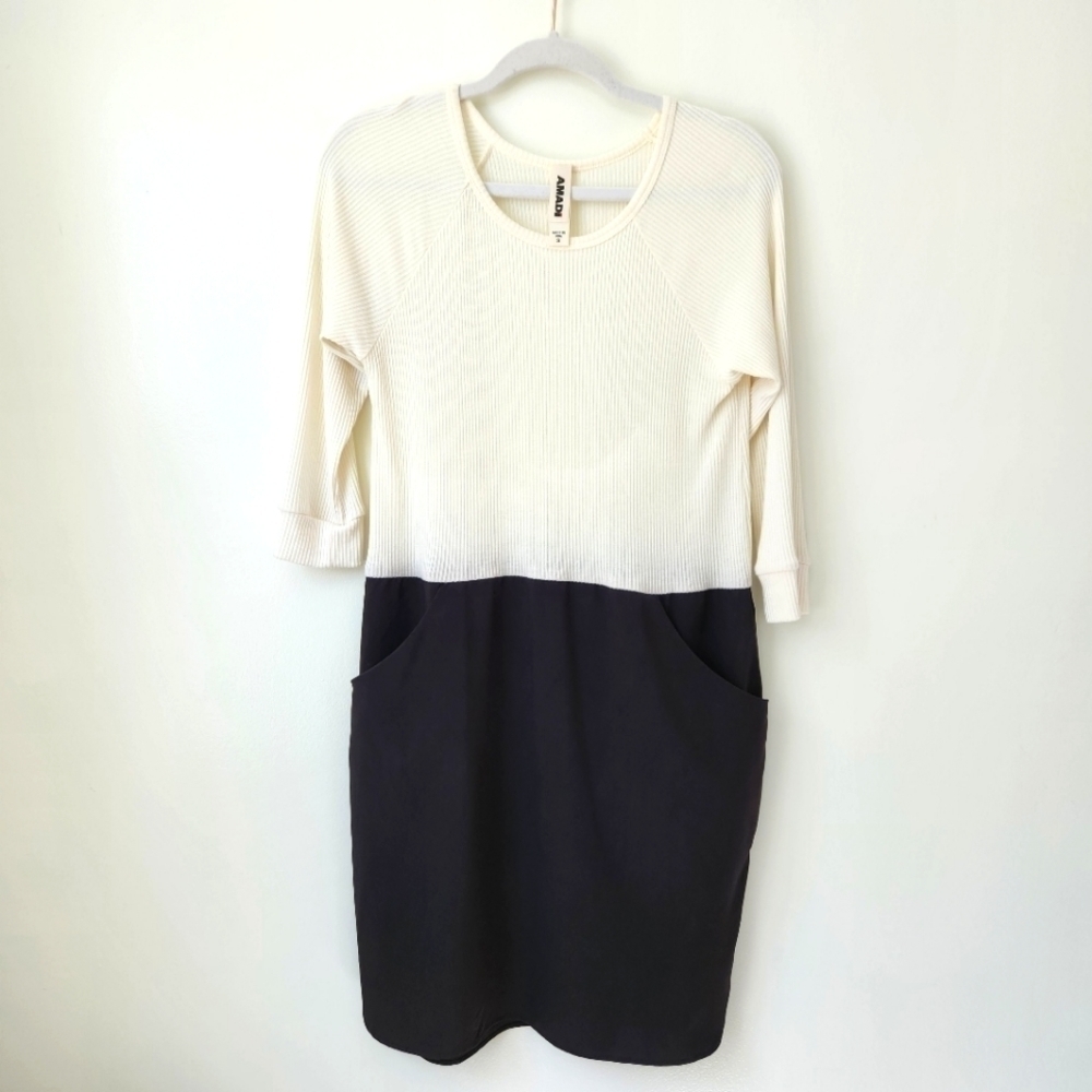 Amadi Anthropologie Ivory and Black Ribbed 3/4 Sleeve Cozy Dress Small